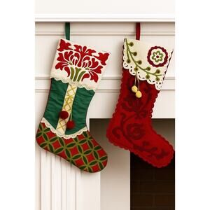 Pier 1 Set Of 2 Vintage-Style Christmas Stockings with Intricate Felt Appliqué